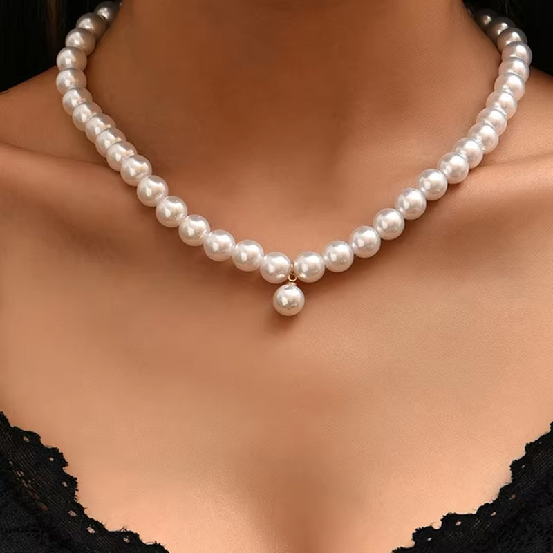 2023 Trend Elegant Jewelry Wedding Big Pearl Necklace for Women Fashion Imitation Pearl Green Rose Color Stone Choker Necklace