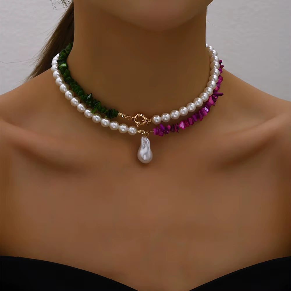 2023 Trend Elegant Jewelry Wedding Big Pearl Necklace for Women Fashion Imitation Pearl Green Rose Color Stone Choker Necklace