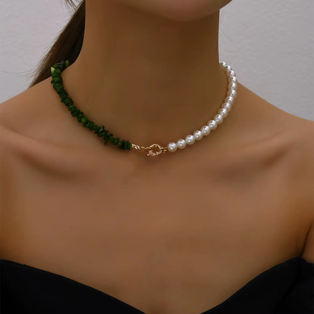 2023 Trend Elegant Jewelry Wedding Big Pearl Necklace for Women Fashion Imitation Pearl Green Rose Color Stone Choker Necklace