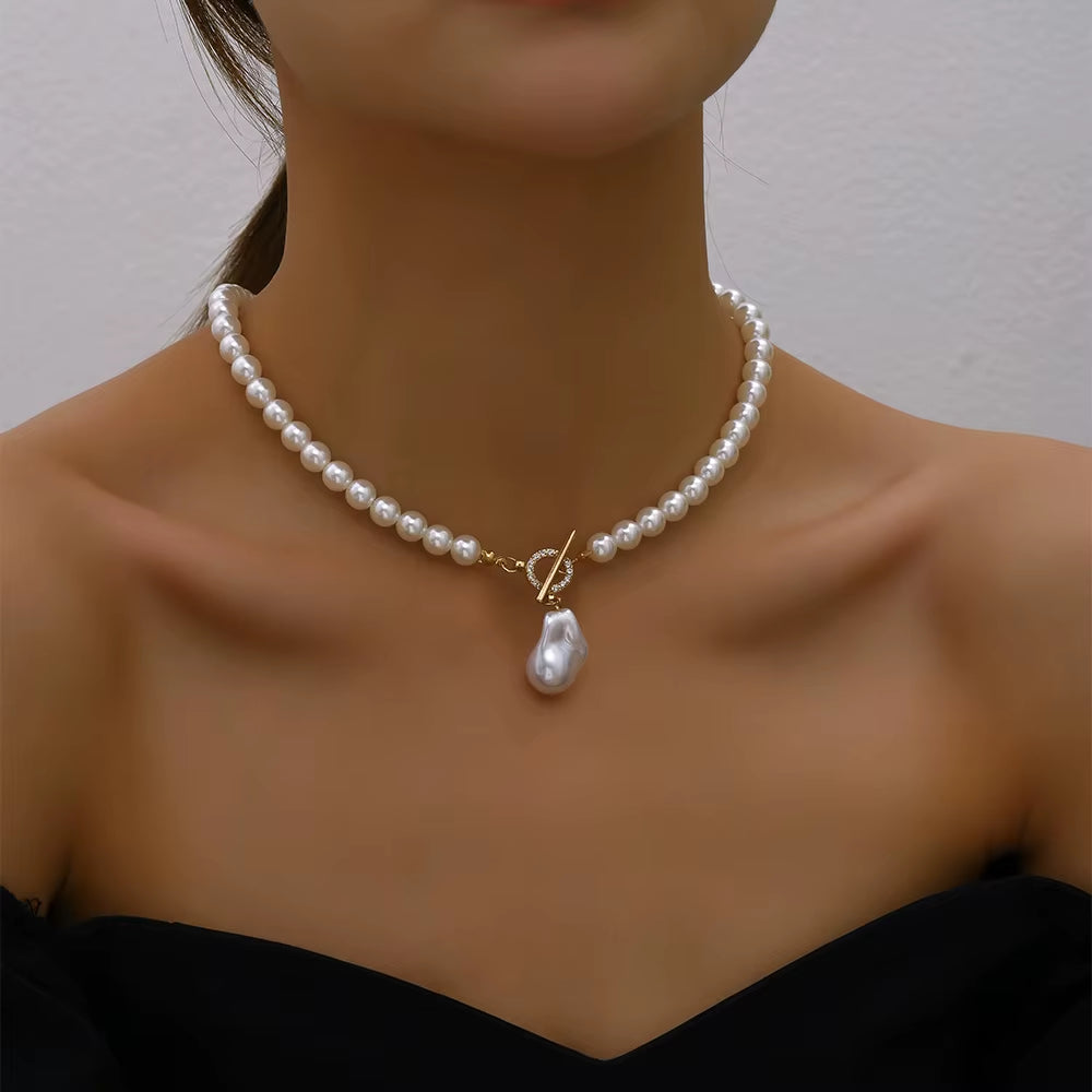 2023 Trend Elegant Jewelry Wedding Big Pearl Necklace for Women Fashion Imitation Pearl Green Rose Color Stone Choker Necklace