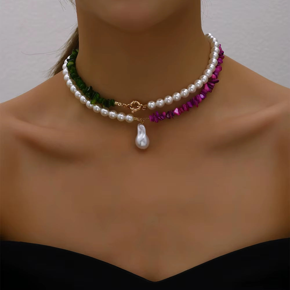 2023 Trend Elegant Jewelry Wedding Big Pearl Necklace for Women Fashion Imitation Pearl Green Rose Color Stone Choker Necklace