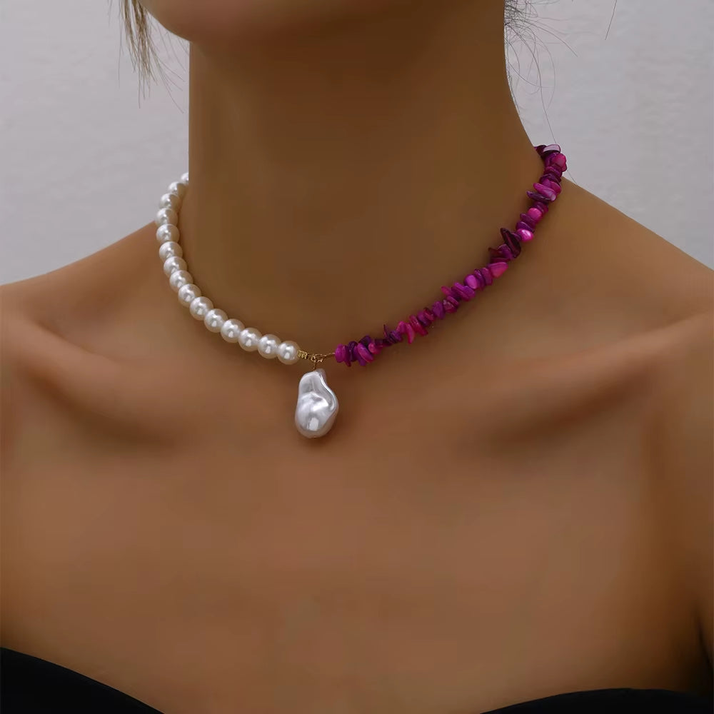 2023 Trend Elegant Jewelry Wedding Big Pearl Necklace for Women Fashion Imitation Pearl Green Rose Color Stone Choker Necklace