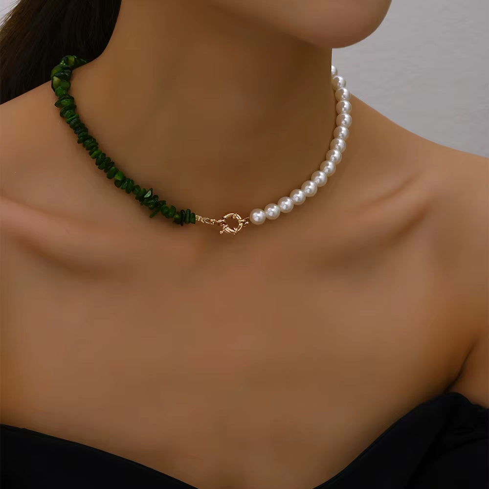 2023 Trend Elegant Jewelry Wedding Big Pearl Necklace for Women Fashion Imitation Pearl Green Rose Color Stone Choker Necklace