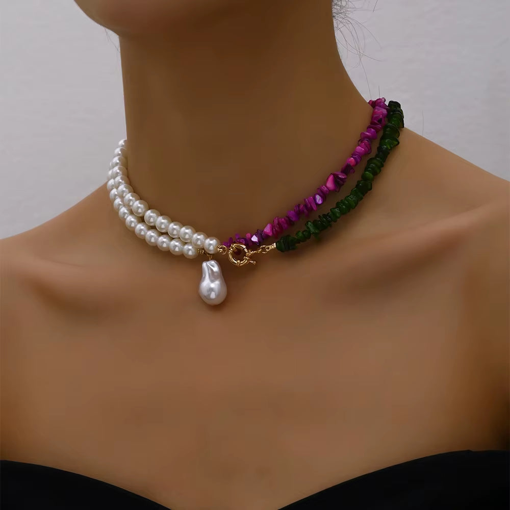 2023 Trend Elegant Jewelry Wedding Big Pearl Necklace for Women Fashion Imitation Pearl Green Rose Color Stone Choker Necklace